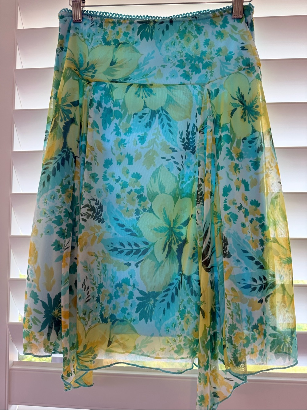 Paper Doll Floral Chiffon Handkerchief Hem Skirt Blue Green Yellow Y2K Boho